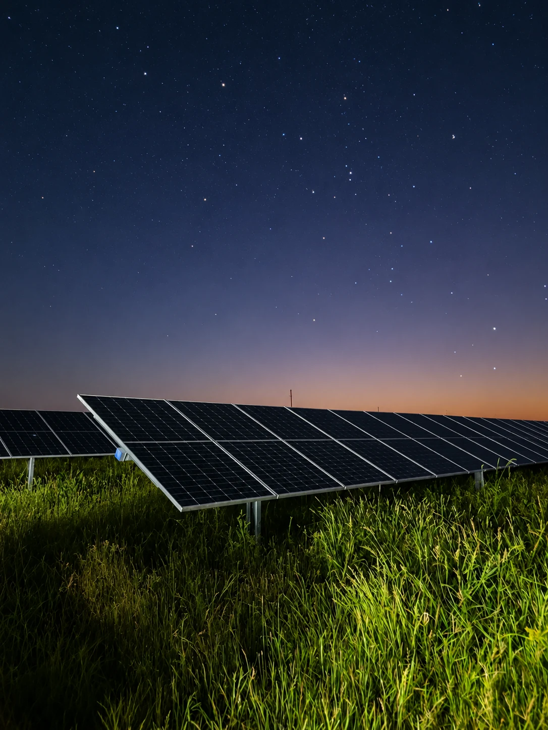 Usina solar durante a noite sob céu estrelado